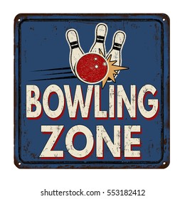 Bowling zone vintage rusty metal sign on a white background, vector illustration