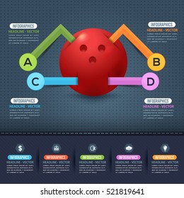 Bowlings Ball Infographics Design and Sports Web Banner or Bowl Stats Elements, Realistic Sport Vector Background