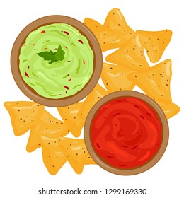 Bowls of avocado guacamole dip, tomato salsa sauce and nachos chips. Vector illustration