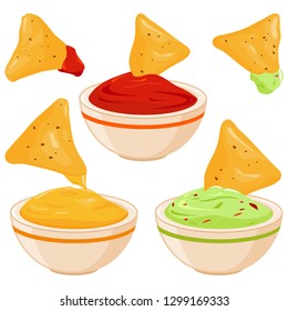 Bowls of avocado guacamole dip, tomato salsa, cheese sauce and nachos chips. Vector illustration