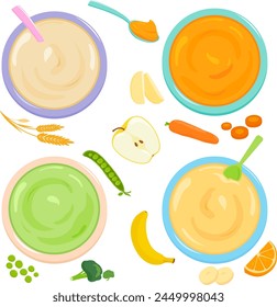 Bowls of baby and toddler food. Cereal, fruit and vegetable puree. Top view. Vector illustration collection