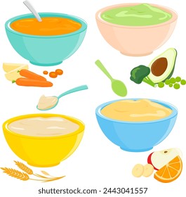 Bowls of baby and toddler food set and spoons. Cereal, fruit and vegetable puree with potato, avocado, broccoli, orange, carrot, apple and banana. Kids feeding products. Vector illustration collection