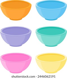 Bowls for baby and toddler food set. Set of plastic, glass or ceramic bowl of different colors on white background. Vector illustration collection