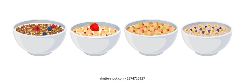 Bowls of Breakfast Cereal with Berries Vector Set