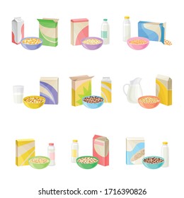 Bowls of Breakfast Cereal with Milk and Yogurt Vector Set