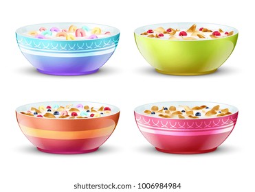 Bowls of breakfast with different milk cereal snacks. Vector set. Breakfast food milk and muesli in bowl illustration