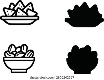 Bowls of chips and nuts snack icon set with appetizer illustration silhouette snacking minimalist container servings snackable cravings foodstuff presentation nutrition