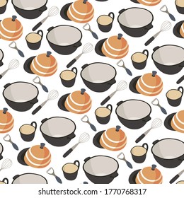 Bowls and cups whisk and saucer for making and serving food seamless pattern. Kitchenware for preparation of dishes. Instrument for cooking, cookery and tools, casserole for meal, vector in flat