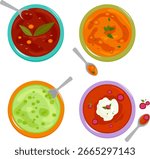 Bowls of different types of soup. Top view of soup dishes with vegetables, legume, beans, green peas and lentil soup. Russian borscht soup. Vector illustration set
