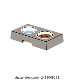 Bowls to drinking water, eating food for cats, dogs. Pet feeder, plates with treats, meals. Supplies to care about domestic animals, feed. Flat isolated vector illustration on white background