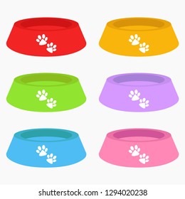 Bowls for food. Set of multicolored bowls. Empties dog food bowl dish isolated on white background. Vector illustration. EPS 10.