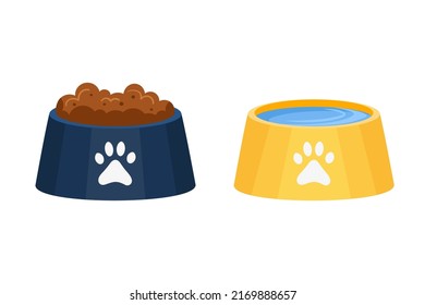 Bowls with food and water for dog and cat. Individual feed bowl and drink. Pet plate icons flat cartoon vector illustration.
