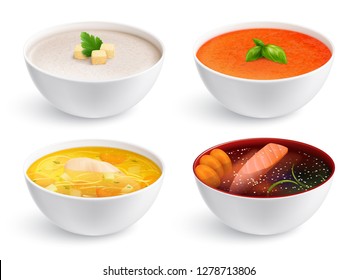 Bowls Full Of Chicken Noodle Soup Gazpacho Fish Soup And Soup Puree With Crouton  Realistic Set Isolated Vector Illustration