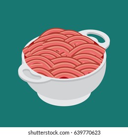 bowls and minced meat isolated isometry. Ingredient for cutlets. Dishes and food
