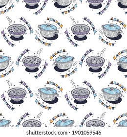 Bowls of noodles and saucepans. Seamless pattern on a white background. Cute vector illustration.