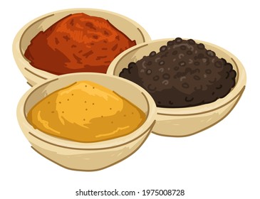 Bowls with powder, ingredients for preparing asian dishes. Isolated asian spices and seasoning, aromatic paprika and curry, spicy pepper. Condiments and herbs for kitchen. Vector in flat style