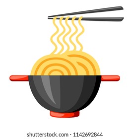 Bowls with ramen noodles. Chopsticks holding noodle. Asian traditional food. Black bowls with red handle. Flat vector illustration isolated on white background.