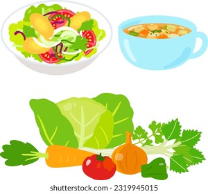 Bowls of salad and vegetable soup