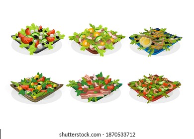 Bowls of salads set. Mix of fresh green vegetables, with cheese, bacon, meat, seafood, eggs. Vector illustration for cooking, healthy lunch, appetizer, gourmet concept