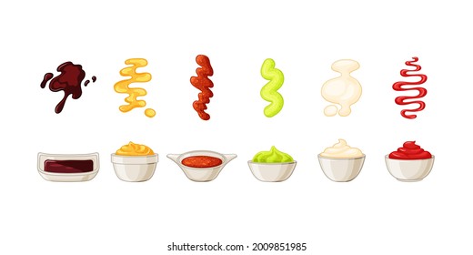 Bowls with sauces with ketchup, mayonnaise, wasabi, soy  set. A splash of sauce. Vector illustration in cartoon style.