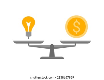 Bowls Of Scales In Balance Idea And Money. Bulb And Coin Sign In Comparison, Choice, Priority. Weights With Concept Idea And Money Coin. Libra Measure Value. Vector Illustration