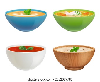 Bowls with soup. Gazpacho chicken puree soup with fish decent vector containers with liquid products