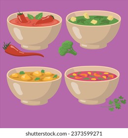 Bowls of soups set. Tomato gazpacho with red hot pepper, broccoli green puree, curry with mushrooms, traditional borscht. For cooking vegetables, cream soup, eating, healthy food concept