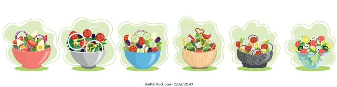 Bowls of tasty salads on white background