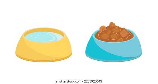 Bowls with wet food and water. Pair of bowls for pet, cat, dog. Flat, cartoon. Isolated vector illustration eps 10