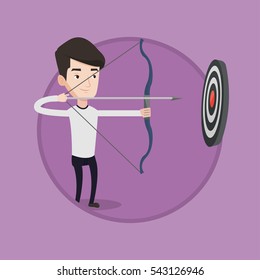 Bowman shooting with bows during archery competition. Bowman aiming with bow and arrow at the target. Bowman practicing with bow. Vector flat design illustration in the circle isolated on background.