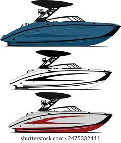 Bowrider Boat vector, Jet motorboat vector, boat vector, line art illustration and one color.