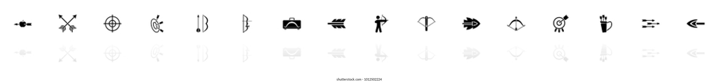 Bows and Arrows icons - Black horizontal Illustration symbol on White Background with a mirror Shadow reflection. Flat Vector Icon.
