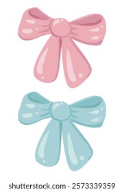 Bows for baby boy and girl. Satin rose and blue color bow, isolated. Decorative element for gender party or birthday. Vector Illustrations for invitations, greeting cards, posters.