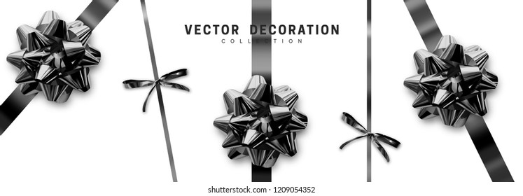 Bows balck realistic design. Decorative gift bows with ribbons isolated on white background