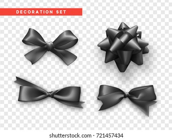 Bows black realistic design. Isolated gift bows with ribbons.