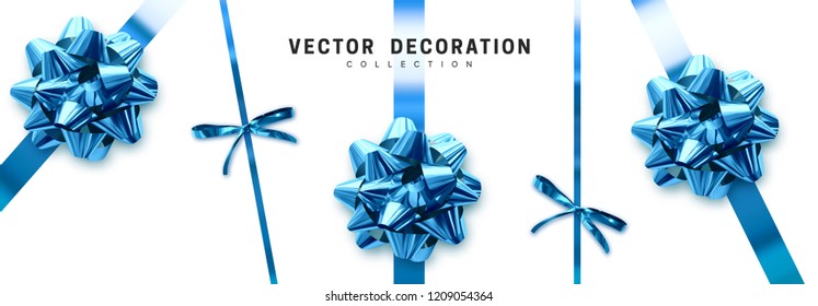 Bows blue realistic design. Decorative gift bows with ribbons isolated on white background