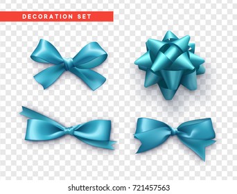 Bows blue realistic design. Isolated gift bows with ribbons.