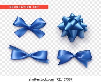 Bows blue realistic design. Isolated gift bows with ribbons.