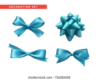 Bows blue realistic design. Isolated gift bows with ribbons.