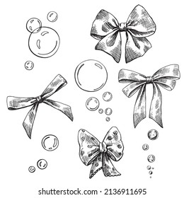 Bows and bubbles. Set graphics vector illustrationfor design greeting card, gift.Collection for decoration holiday. Hand drawn sketch black and white elements