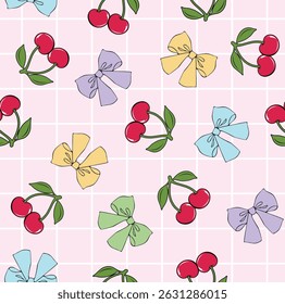 BOWS AND CHERRIES AOP COLORFUL GRID PASTEL