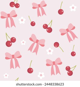 bows , cherries and flowers seamless pattern on pastel pink background, vector illustration