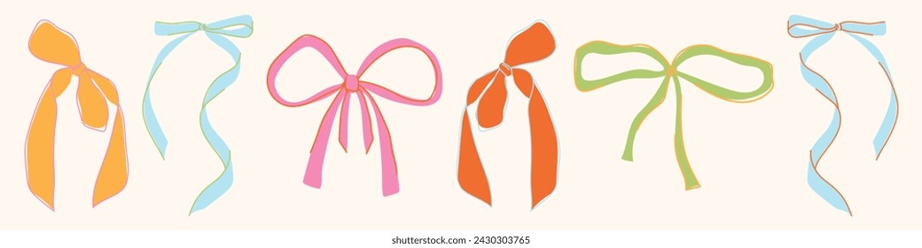 Bows. Collection of colorful bows, knots, gift bows. Bows in hand-drawn and cartoon style