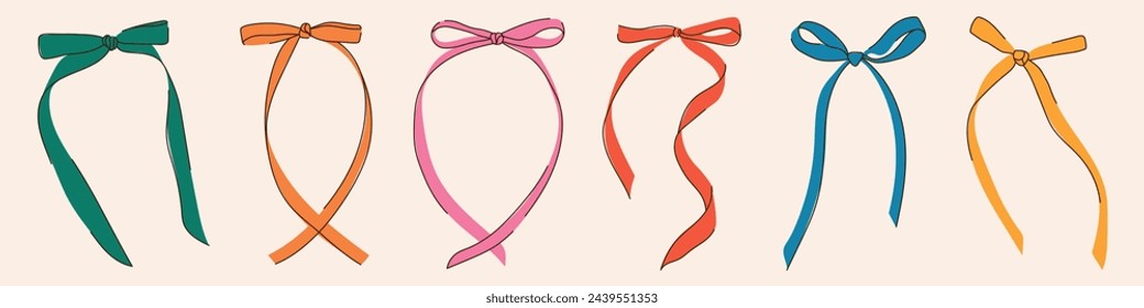 Bows. Collection of colorful bows, knots, gift bows. Bows in hand-drawn and flat style