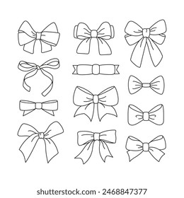 Bows. Collection. Set. Vector black and white illustration.