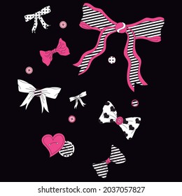 Bows in colors and designs with dots and hearts black background