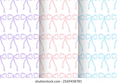 Bows Coquette Seamless Pattern set. Collection of vertical banners with pink blue and violet bows. Trendy backgrounds in coquette style. Patterned girly backdrop. Template prints, covers, phone cases