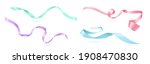 Bows and curly ribbons. Festive elements for wrapping gift box, birthday present or invitation card design, green, blue, pink and purple stripes isolated on white background. Realistic 3d vector set