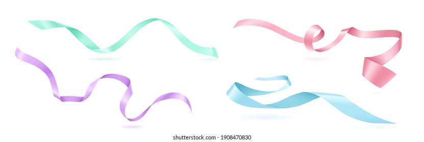 Bows and curly ribbons. Festive elements for wrapping gift box, birthday present or invitation card design, green, blue, pink and purple stripes isolated on white background. Realistic 3d vector set