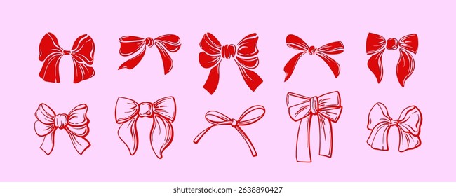 Bows, cute gift ribbons. Red graphic coquette set. Vintage girly vector illustration isolated. Hand drawn bowknots, flat style. Hair silk tape accessories, celebration, party design, greeting card